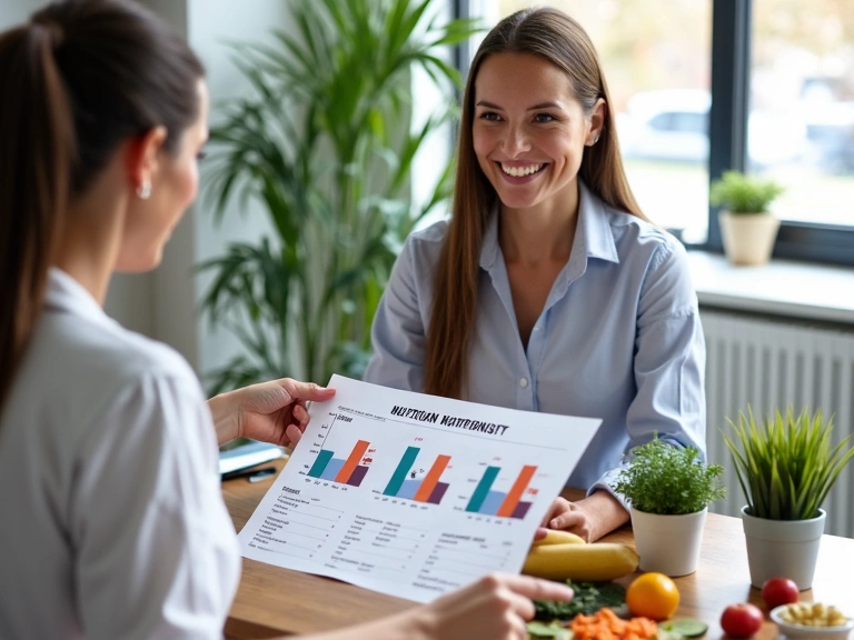 Nutriolog vysvětluje klientce plán výživy s grafy a jídlem.