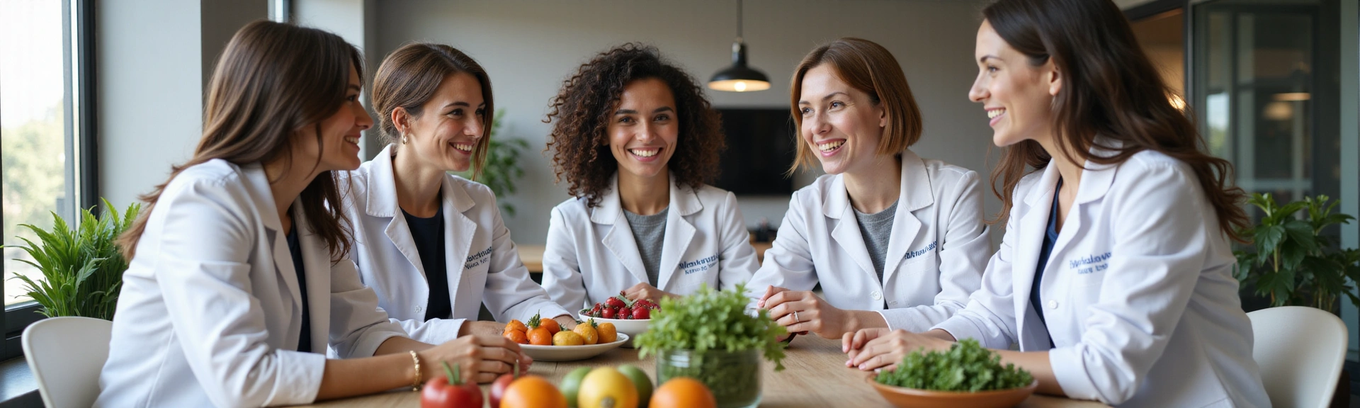 Tým VýživaPro usměvavě sedí u stolu a diskutuje o výživě.